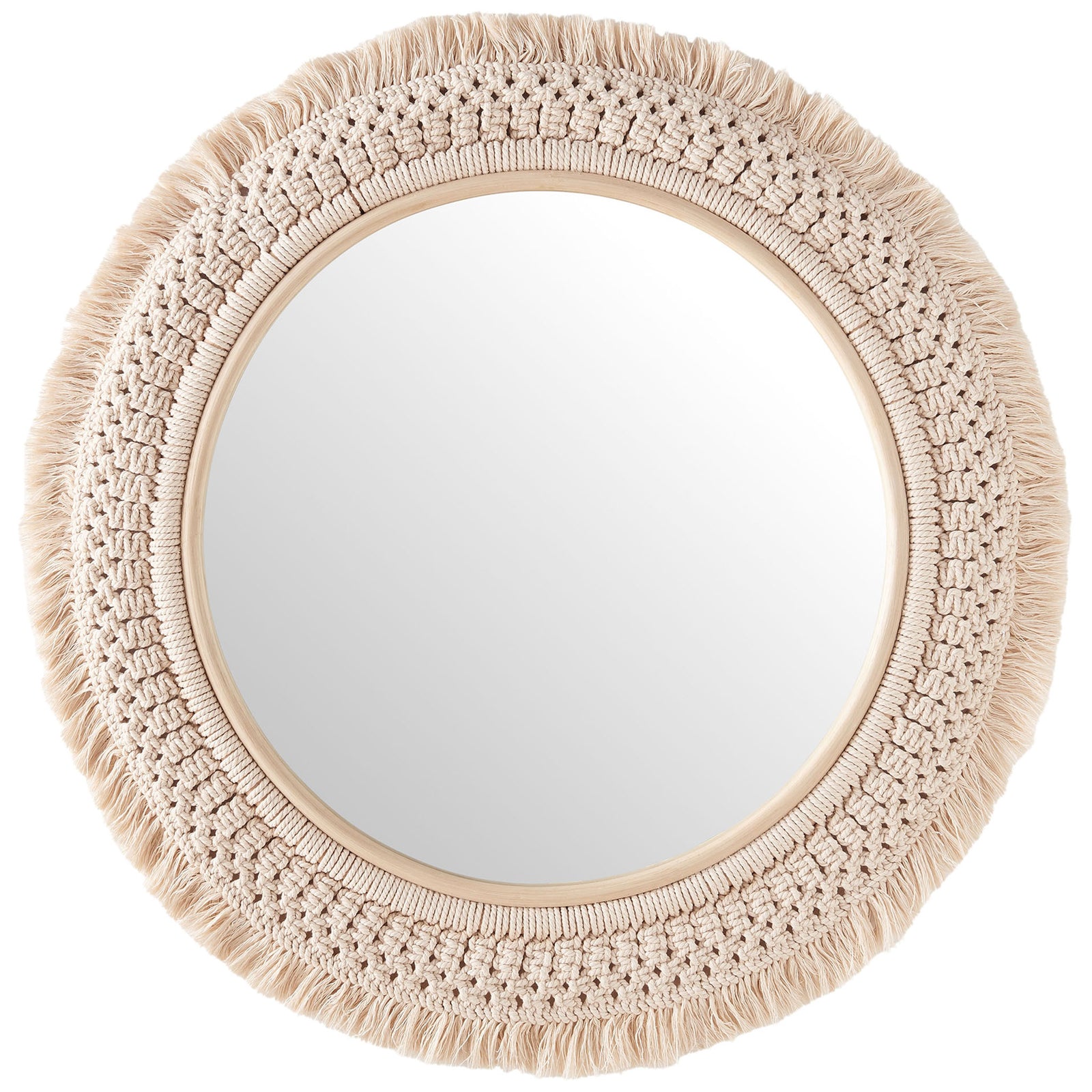 Jade round wall mirror featuring a full halo of macrame fringe and a smooth natural rattan frame. || EEI-7367-NAT || front_studio