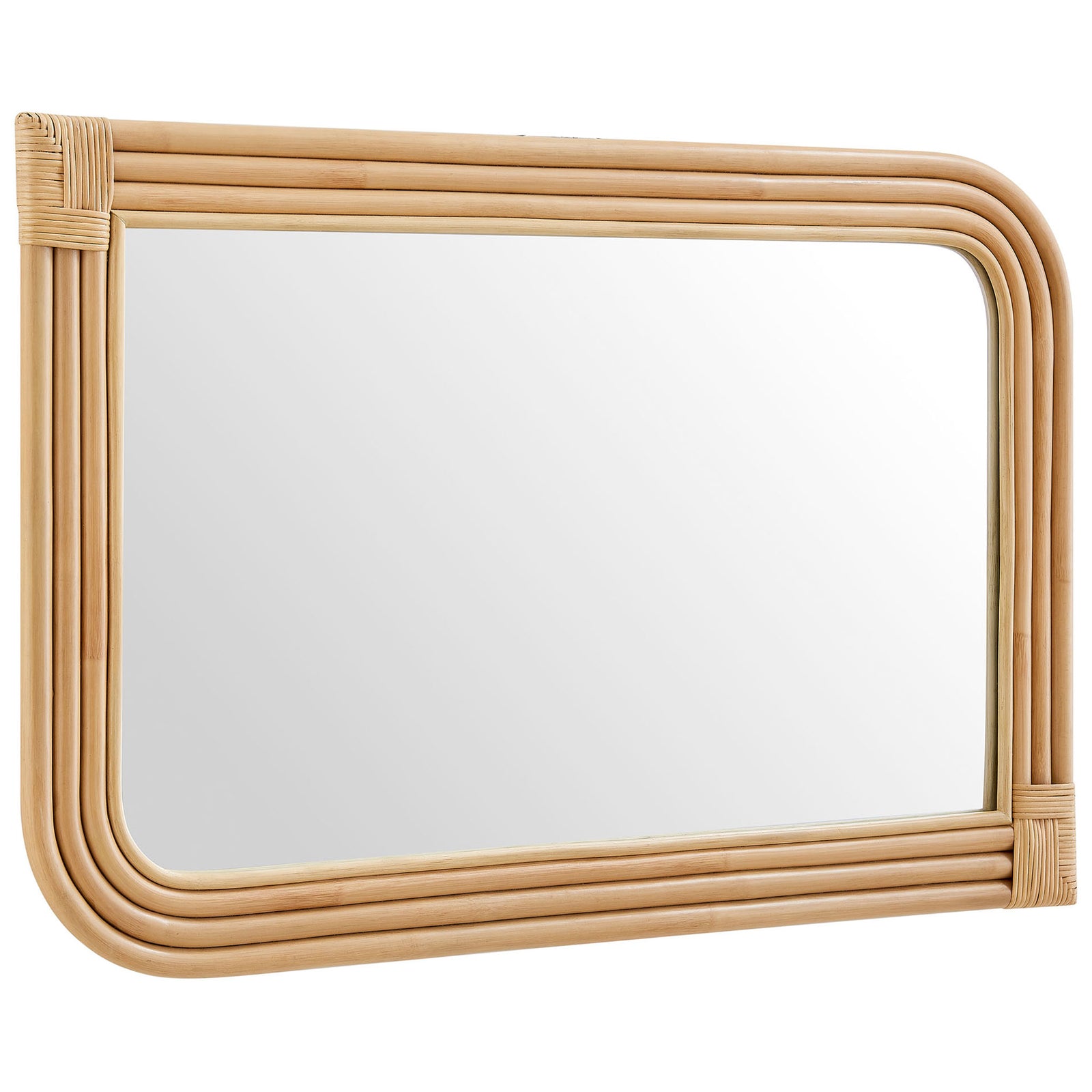 Corsica rattan wall mirror displayed horizontally to highlight the smooth curved rectangle silhouette || EEI-7368-NAT || front_angle_studio