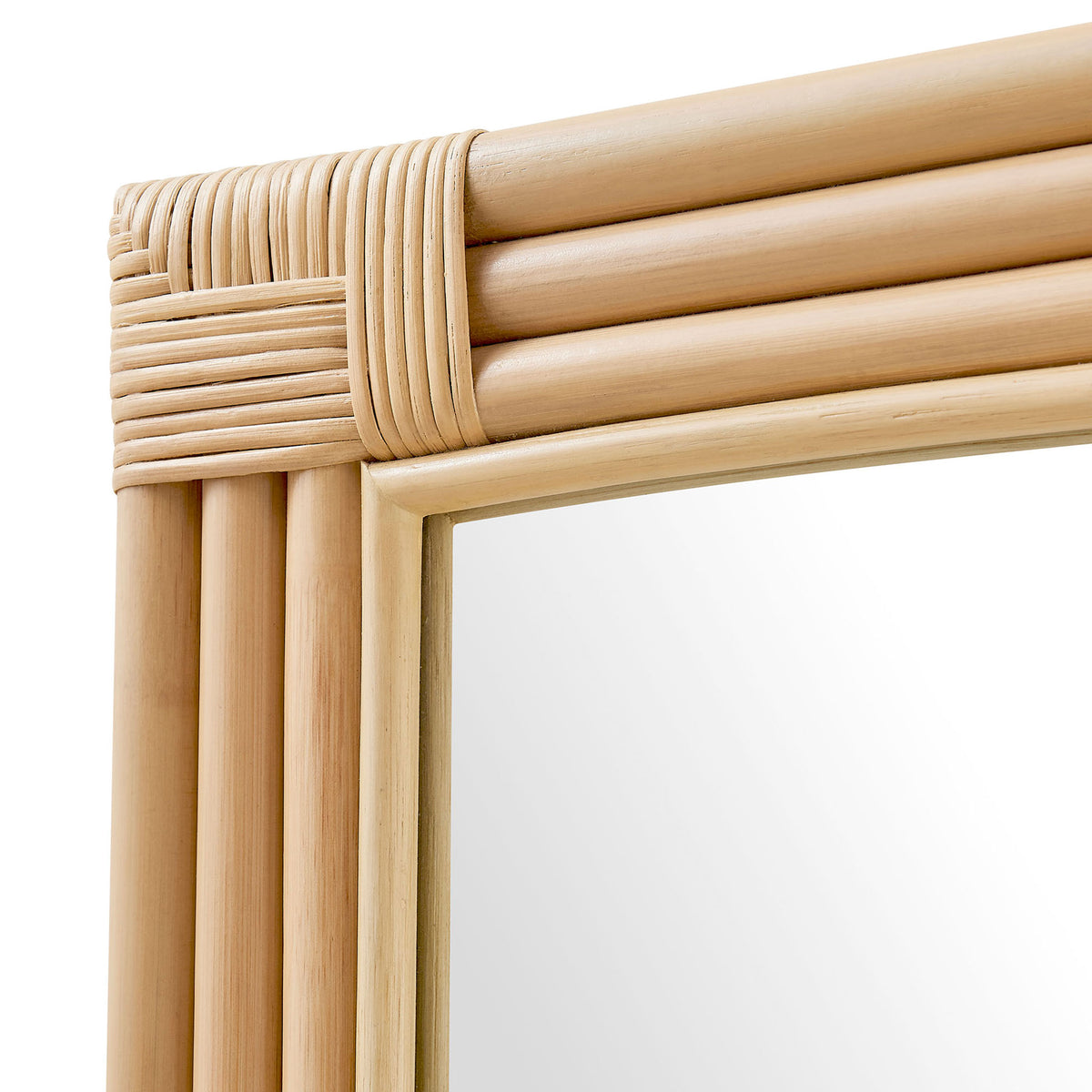 Corsica mirror corner highlighting layered rattan frame with intricate wrapped detailing || EEI-7368-NAT || detail_studio