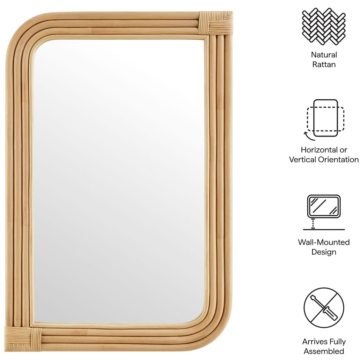 Corsica rectangle rattan wall mirror with icons highlighting natural finish and easy installation || EEI-7368-NAT || callout_studio