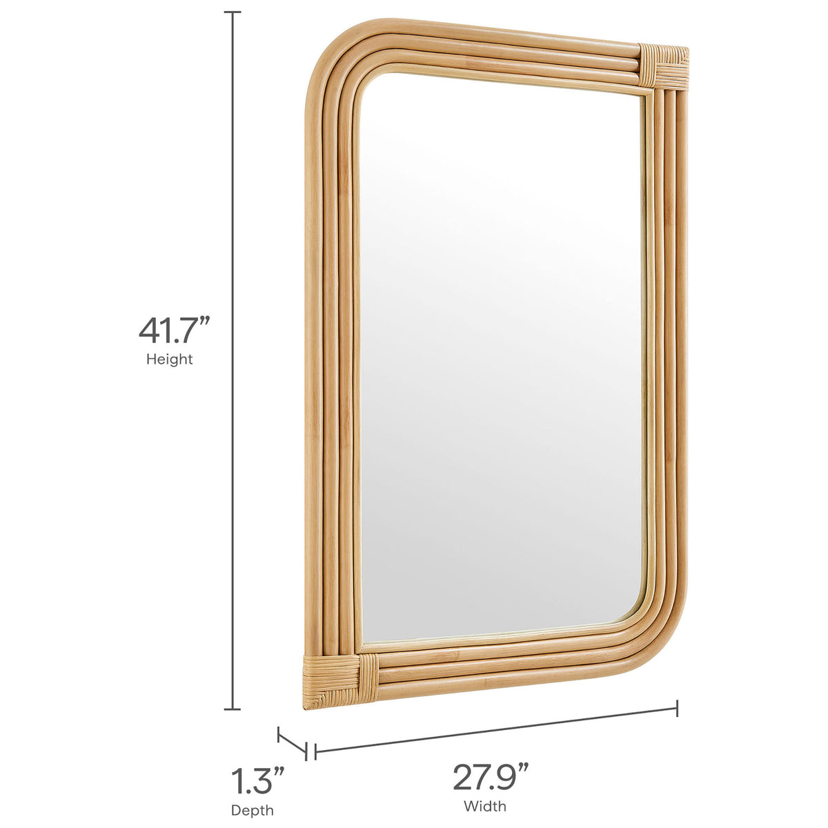 Corsica rectangle rattan wall mirror with labeled dimensions for height, width, and depth || EEI-7368-NAT || dimension_studio
