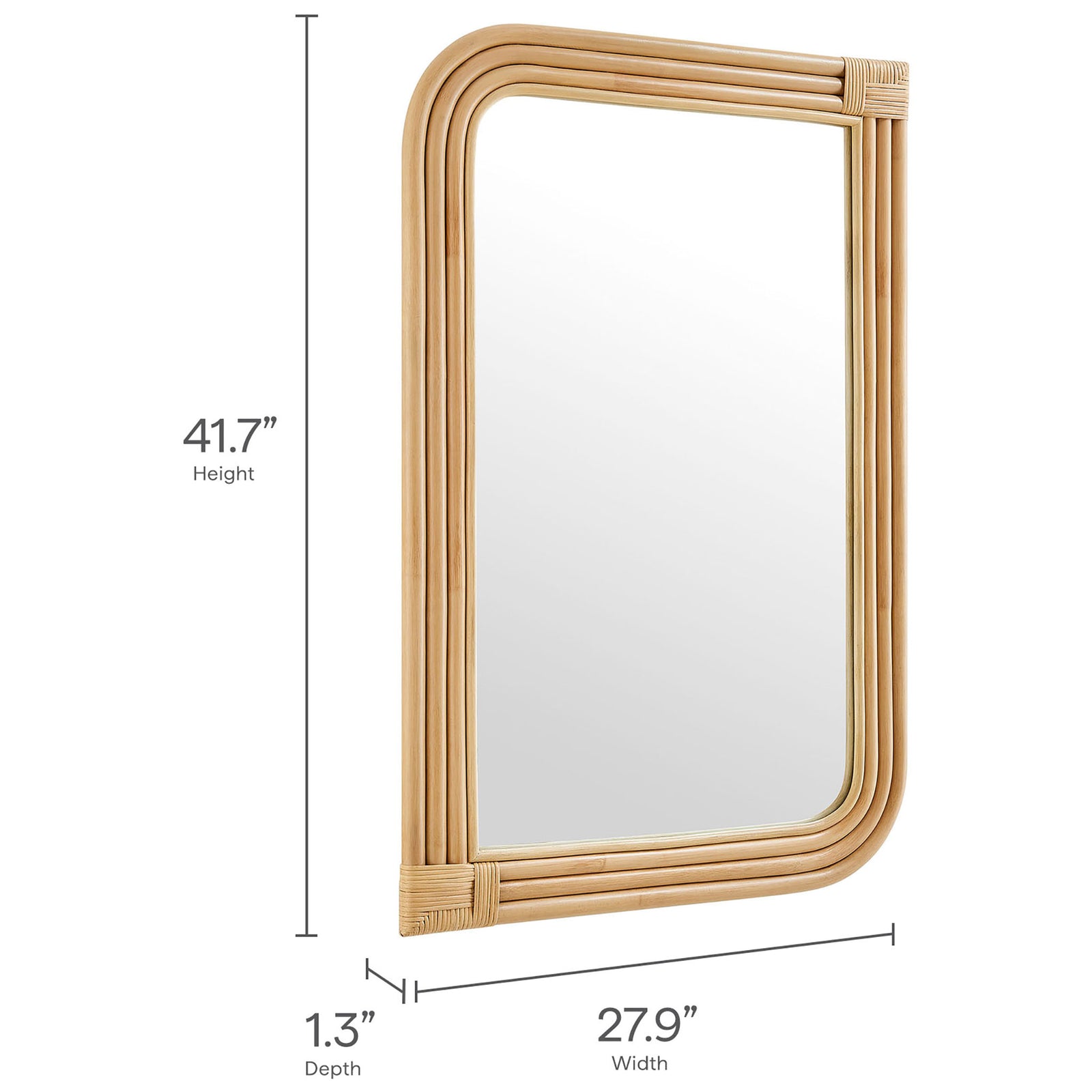 Corsica rectangle rattan wall mirror with labeled dimensions for height, width, and depth || EEI-7368-NAT || dimension_studio