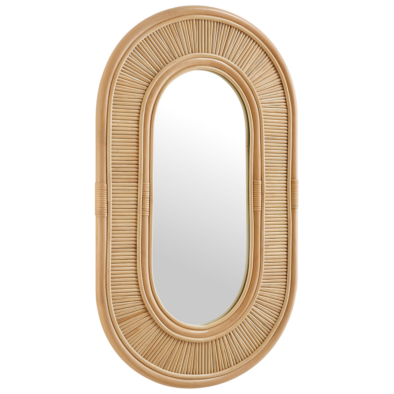 Natural rattan oval wall mirror with layered rounded frame that adds airy texture and warmth to any space || EEI-7369-NAT || front_angle_studio