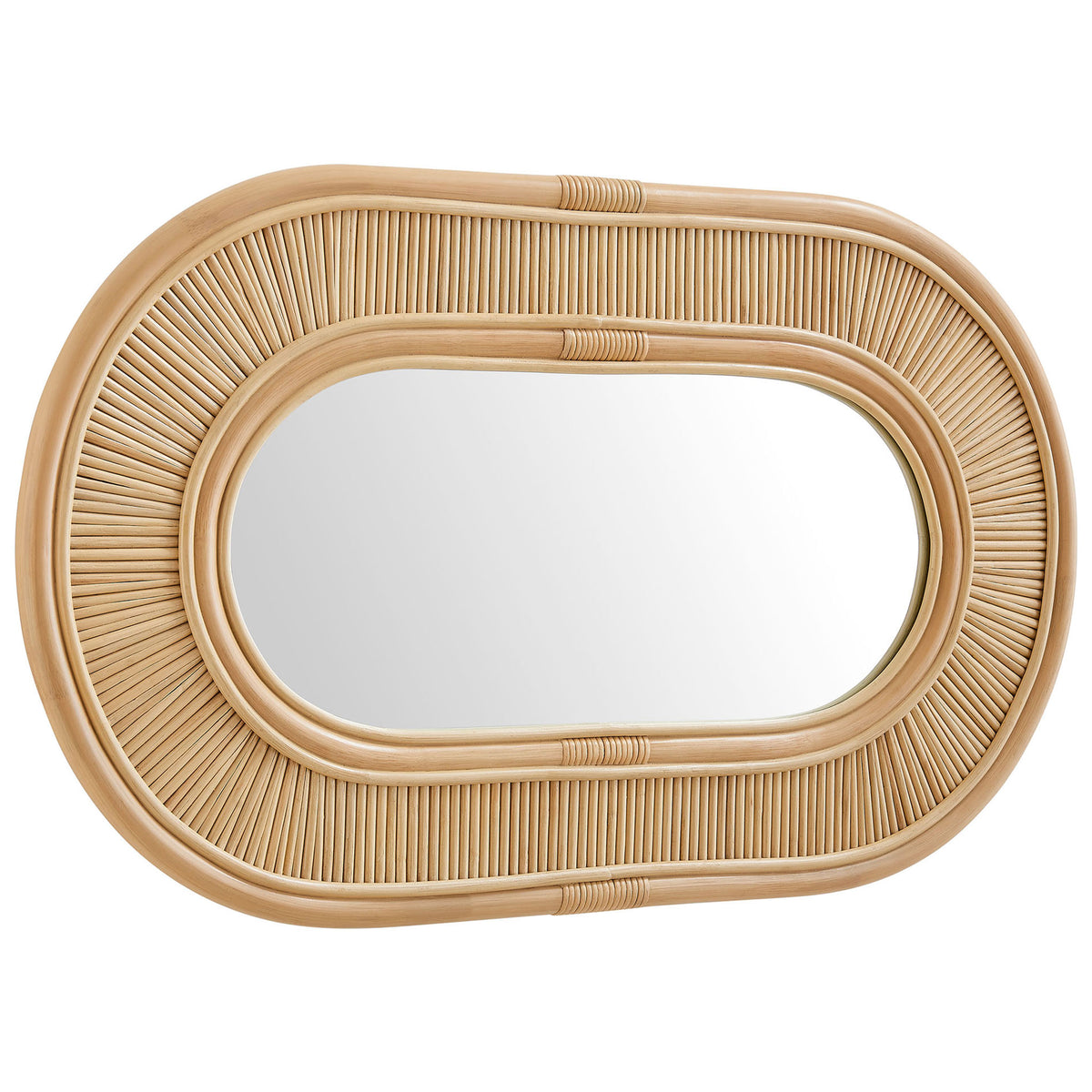Natural rattan mirror styled horizontally to highlight the elongated oval shape and smooth layered frame || EEI-7369-NAT || front_angle_studio