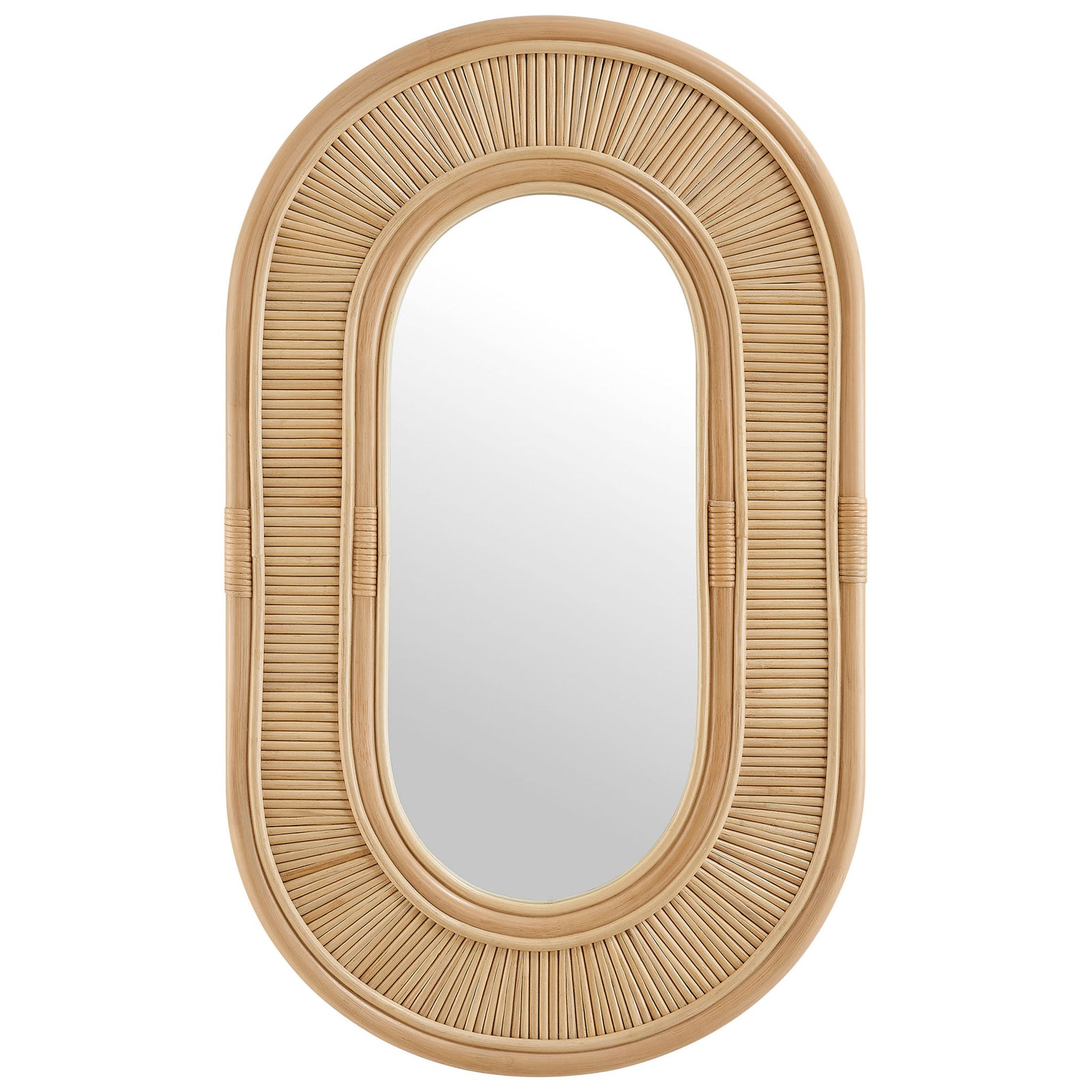 Sovana oval wall mirror in natural rattan showcasing its balanced proportions and refined artisan weaving || EEI-7369-NAT || front_studio