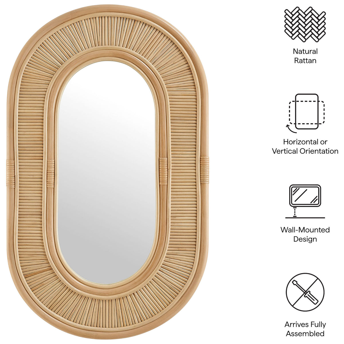 Natural rattan mirror with icons highlighting vertical or horizontal hanging, wall mount design, and easy setup || EEI-7369-NAT || callout_studio