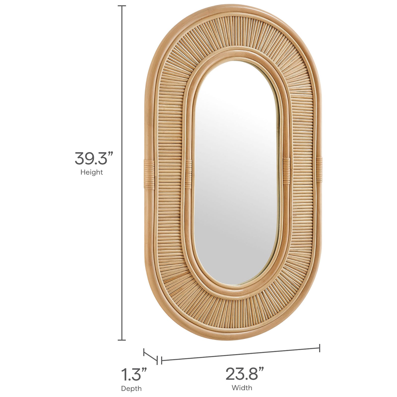 Dimension diagram of the Sovana oval rattan wall mirror showing overall height, width, and slim depth || EEI-7369-NAT || dimension_studio