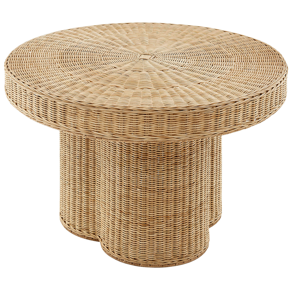 Round rattan coffee table with sculpted three-pillar base and woven 32-inch top || EEI-7370-NAT || front_angle_studio