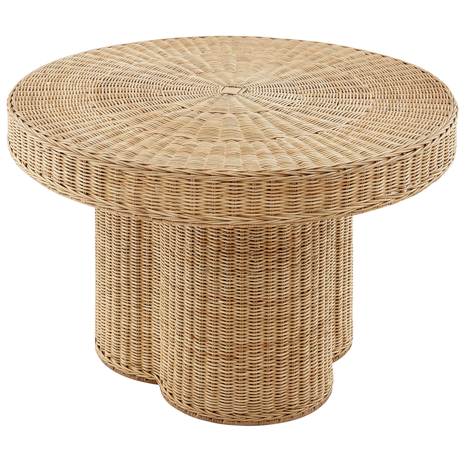 Round rattan coffee table with sculpted three-pillar base and woven 32-inch top || EEI-7370-NAT || front_angle_studio