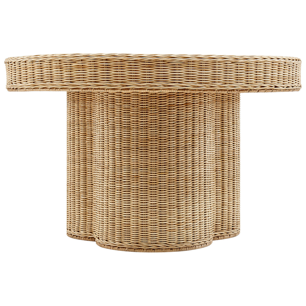 Sleek rattan table shows the curved tri-leg pedestal and thick wrapped edge || EEI-7370-NAT || front_studio