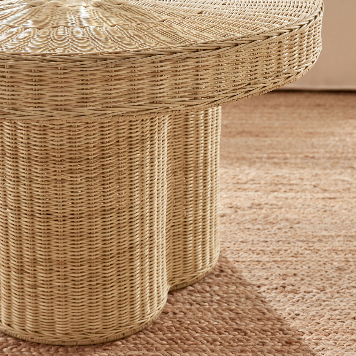 Natural rattan warms the space, pairing easily with neutral seating and earthy textures || EEI-7370-NAT || detail_room