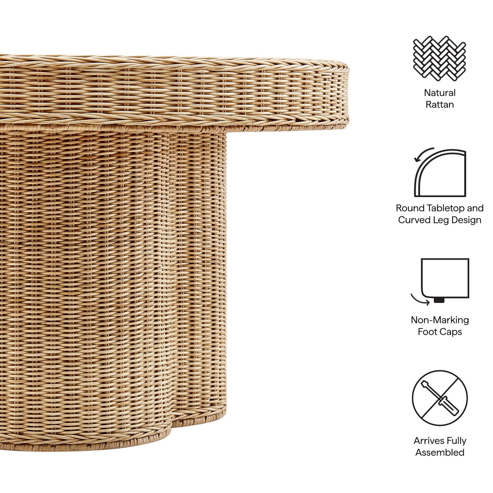 Key features include natural rattan, curved tri-leg design, non-marking foot caps, and no assembly || EEI-7370-NAT || callout_studio