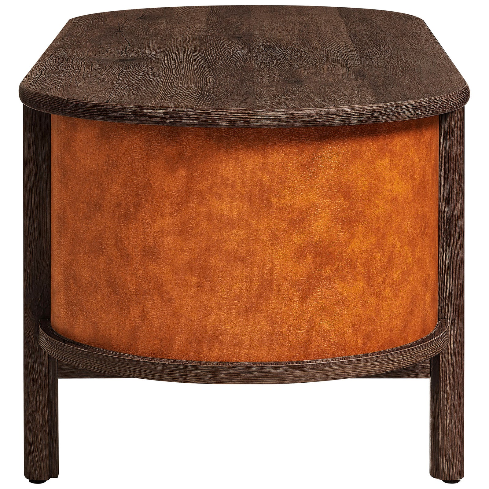Curved vegan leather wrap and seamless wood-grain craftsmanship emphasize the table's sleek silhouette. || EEI-7371-WAL-TAN || side_studio