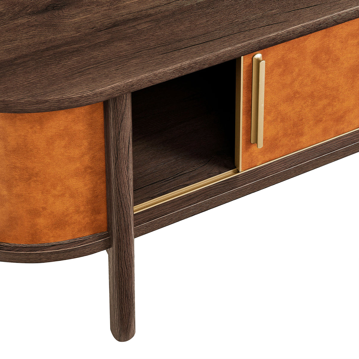 Gold-tone vertical handle and smooth track showcase the table's refined, easy-slide function. || EEI-7371-WAL-TAN || storage_open_studio