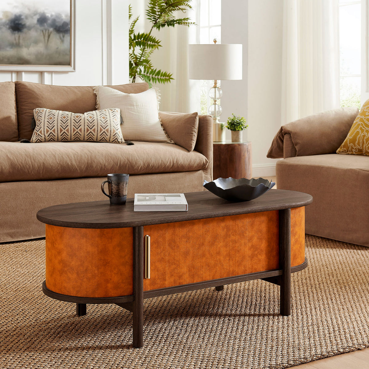 Walnut top and tan vegan leather bring rich texture that anchors the living room with warmth. || EEI-7371-WAL-TAN || front_angle_room