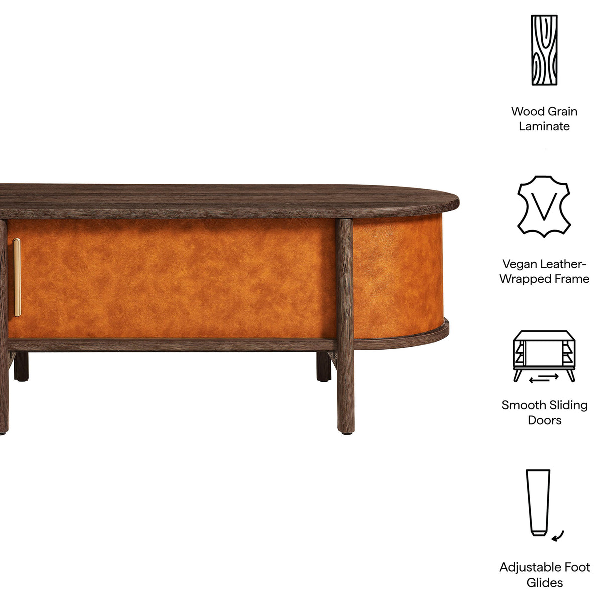 Wood-grain laminate, vegan leather wrap, smooth sliding doors, and adjustable glides for easy leveling. || EEI-7371-WAL-TAN || callout_studio