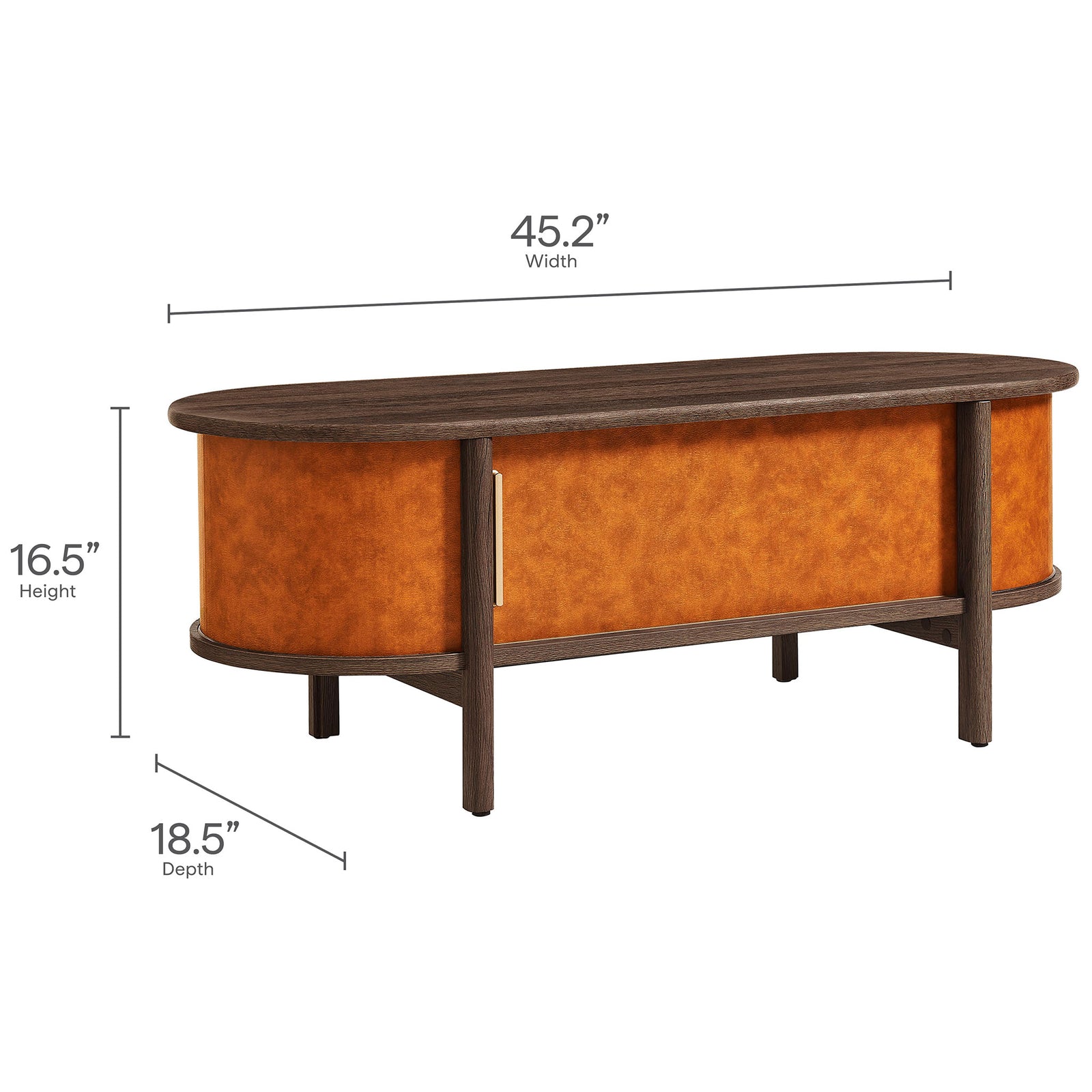 Compact 45.2 inch width and 16.5 inch height suit most rooms while offering generous surface space. || EEI-7371-WAL-TAN || dimension_studio