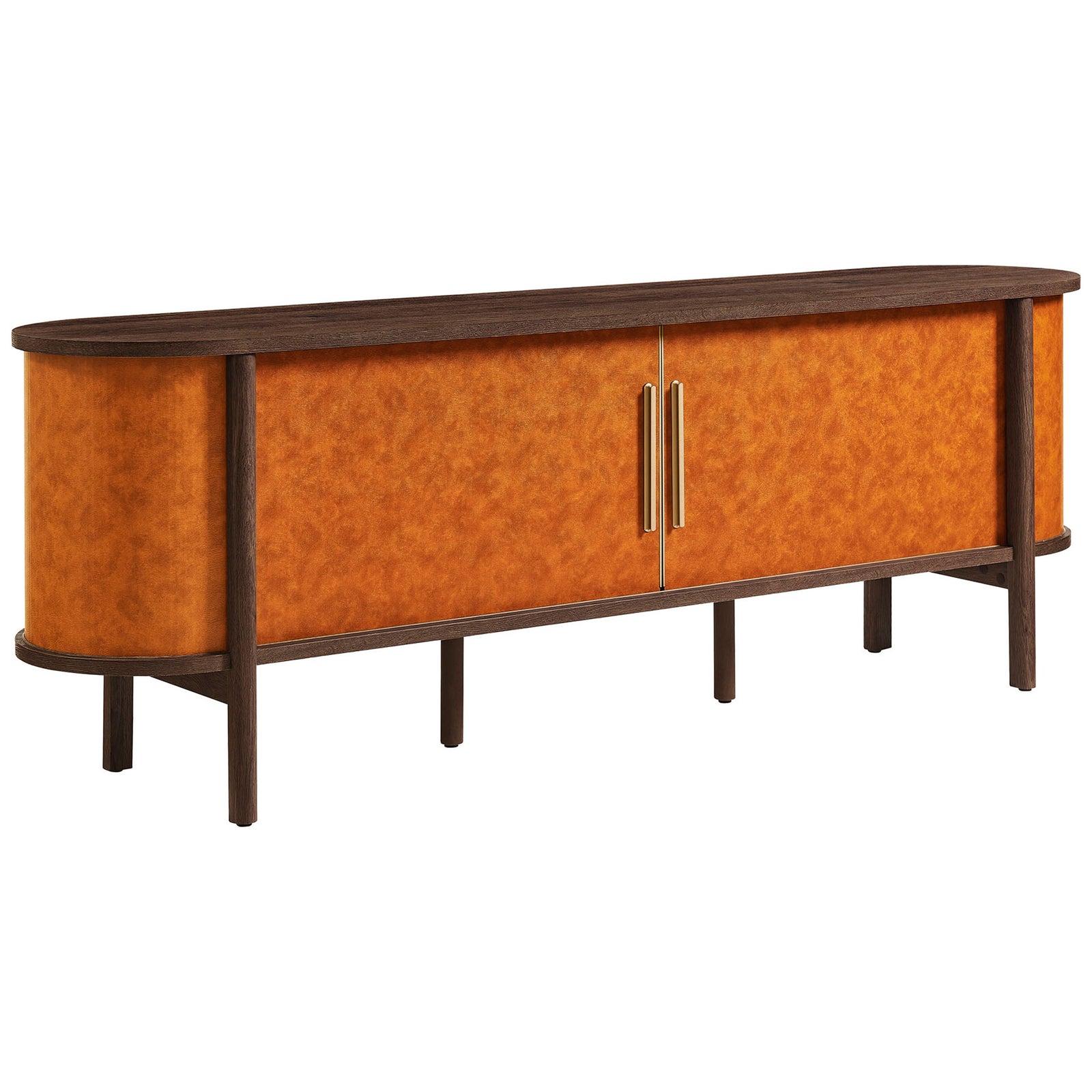 Curved walnut-tan vegan leather TV stand with slim wood base and metal pulls for warm modern storage. || EEI-7372-WAL-TAN || front_angle_studio