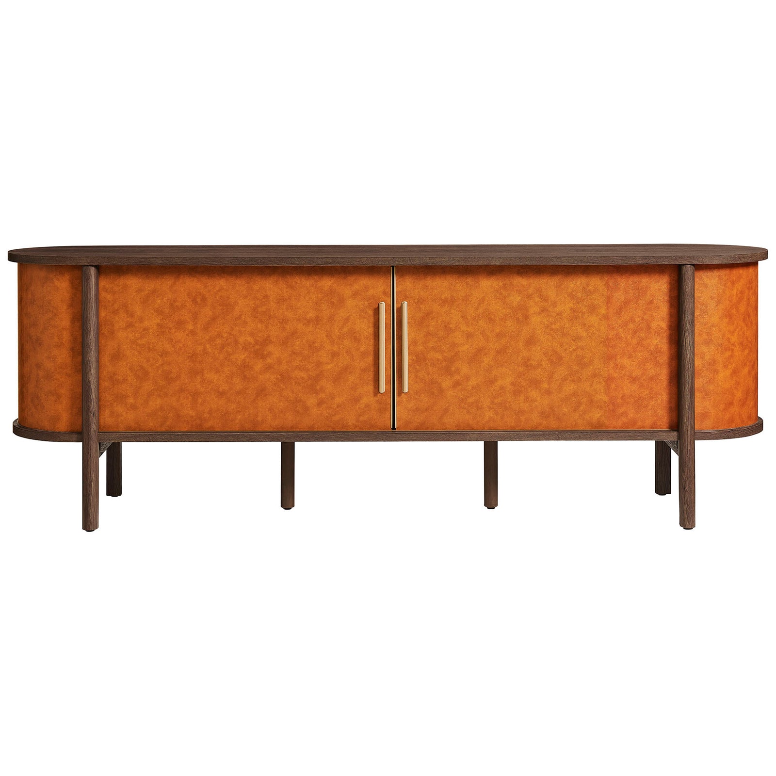 Coralie oval TV stand in walnut tan vegan leather with wood grain top and slim legs brings vintage warmth. || EEI-7372-WAL-TAN || front_studio