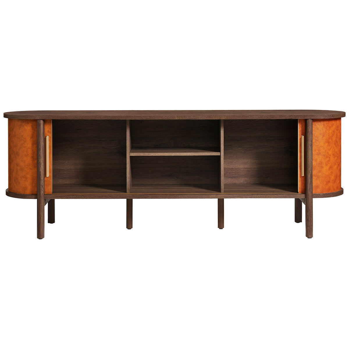 Fully opened doors showcase the spacious interior compartments ideal for consoles, receivers, and baskets. || EEI-7372-WAL-TAN || front_open_studio