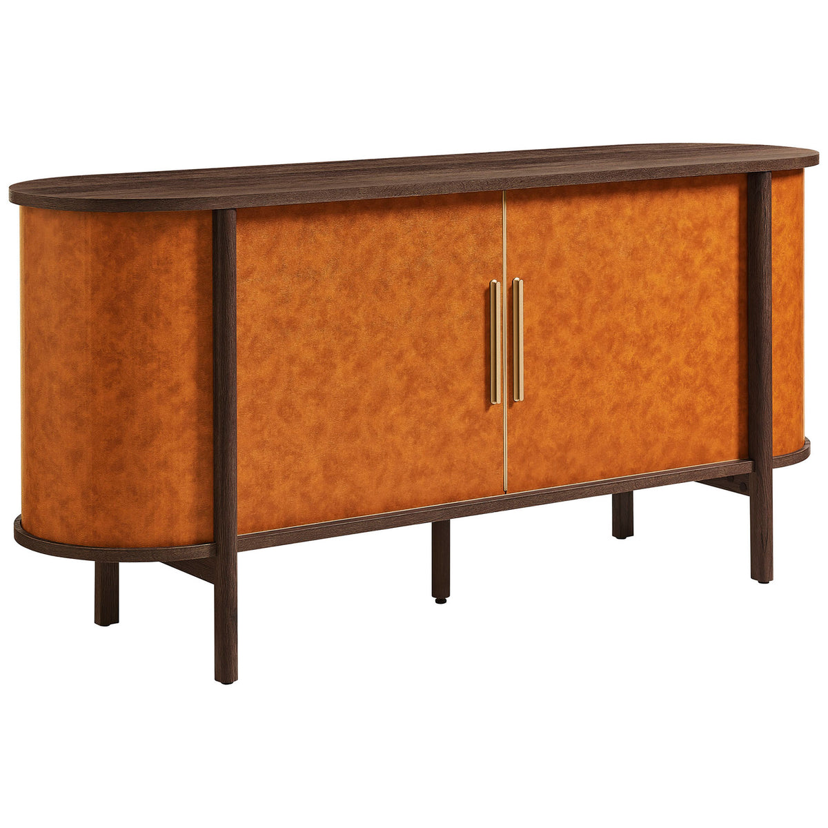 Mid-century oval sideboard in walnut tan with curved vegan leather sides and slim dark wood legs || EEI-7373-WAL-TAN || front_angle_studio