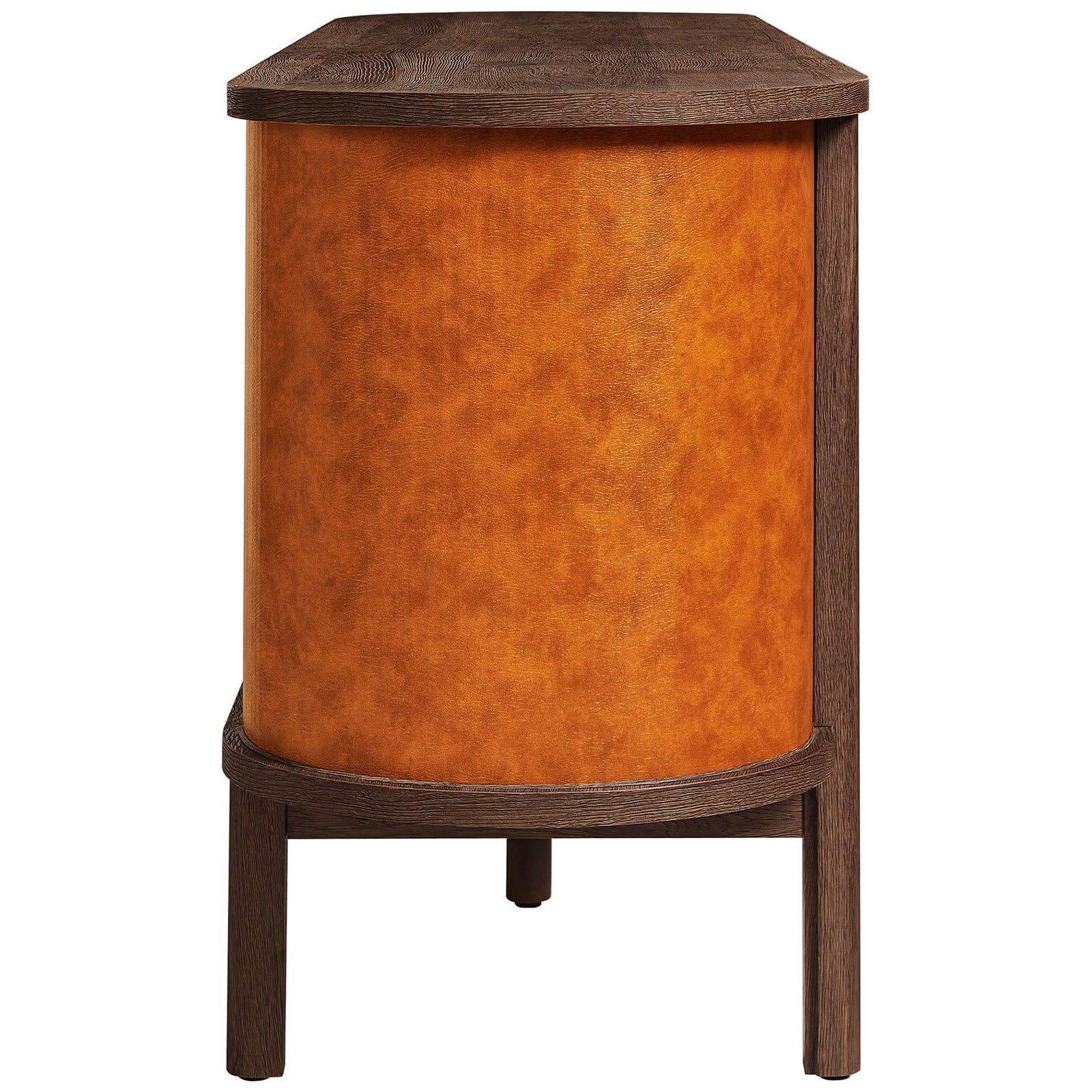 Curved walnut tan sideboard showing rounded vegan leather end panel and contrasting dark wood frame and top || EEI-7373-WAL-TAN || side_studio
