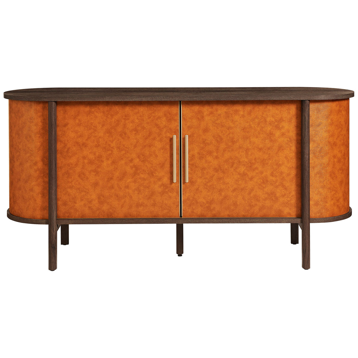Walnut tan oval sideboard with vegan leather wrap, sliding tambour doors, and gold-tone handles on wood base || EEI-7373-WAL-TAN || front_studio