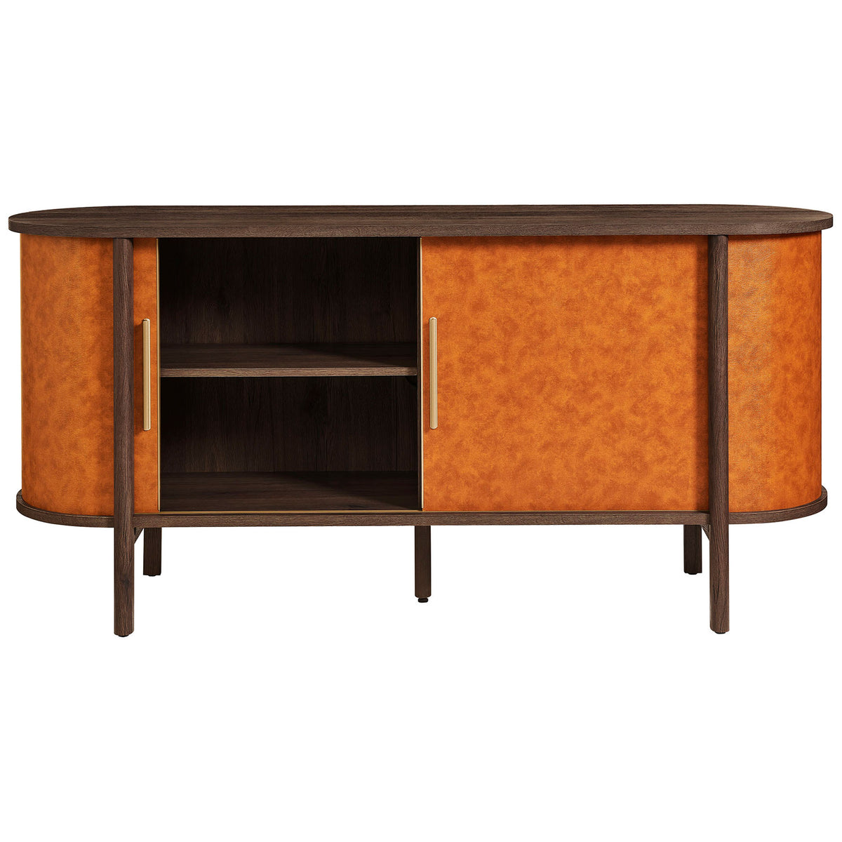 Curved oval sideboard in walnut tan with one sliding door open to reveal adjustable interior shelving || EEI-7373-WAL-TAN || front_open_studio