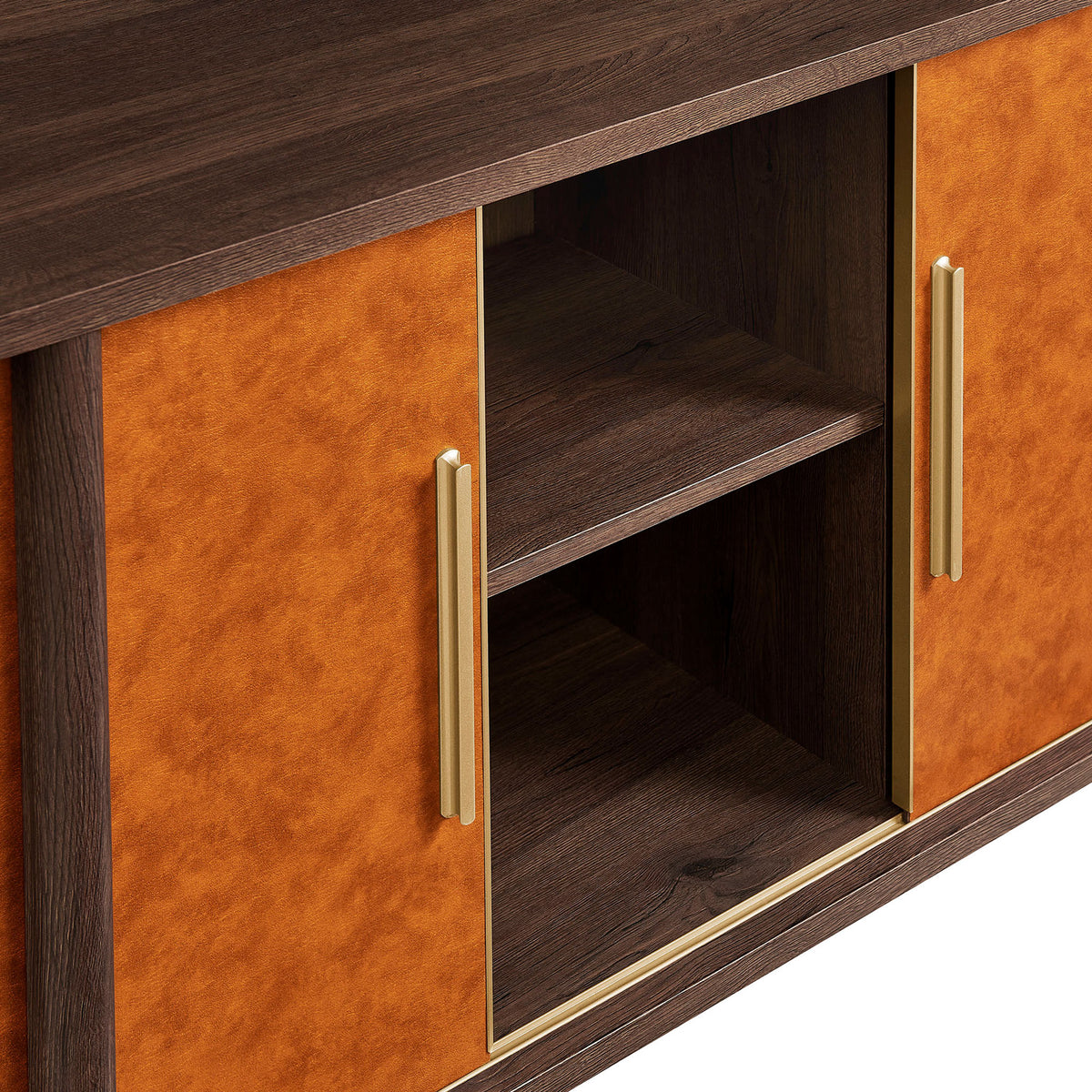 Center section of walnut tan sideboard with sliding doors parted to show wood grain shelf and gold-tone handles || EEI-7373-WAL-TAN || storage_open_studio