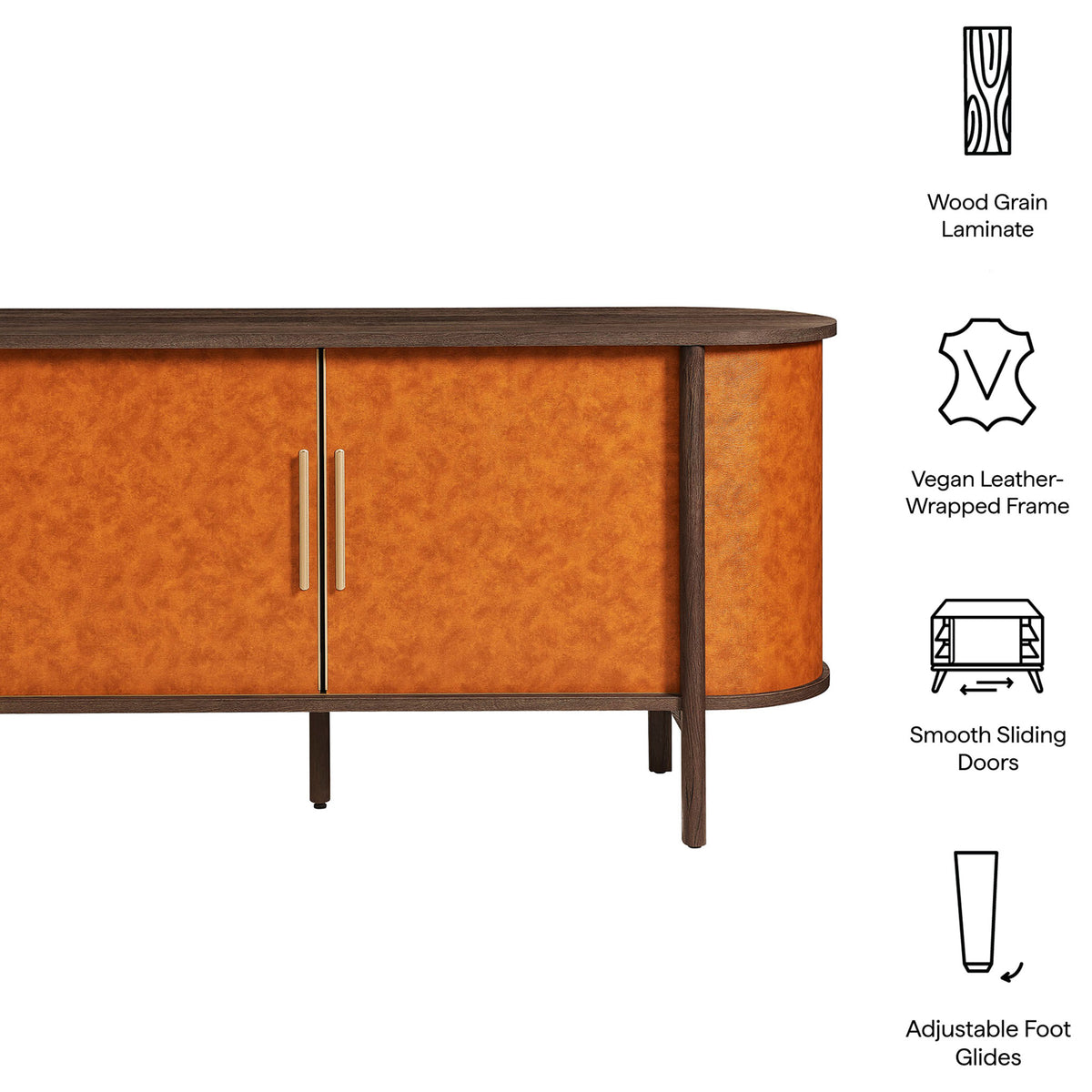 Feature icons highlight walnut tan oval sideboard details including vegan leather wrap and adjustable foot glides || EEI-7373-WAL-TAN || callout_studio