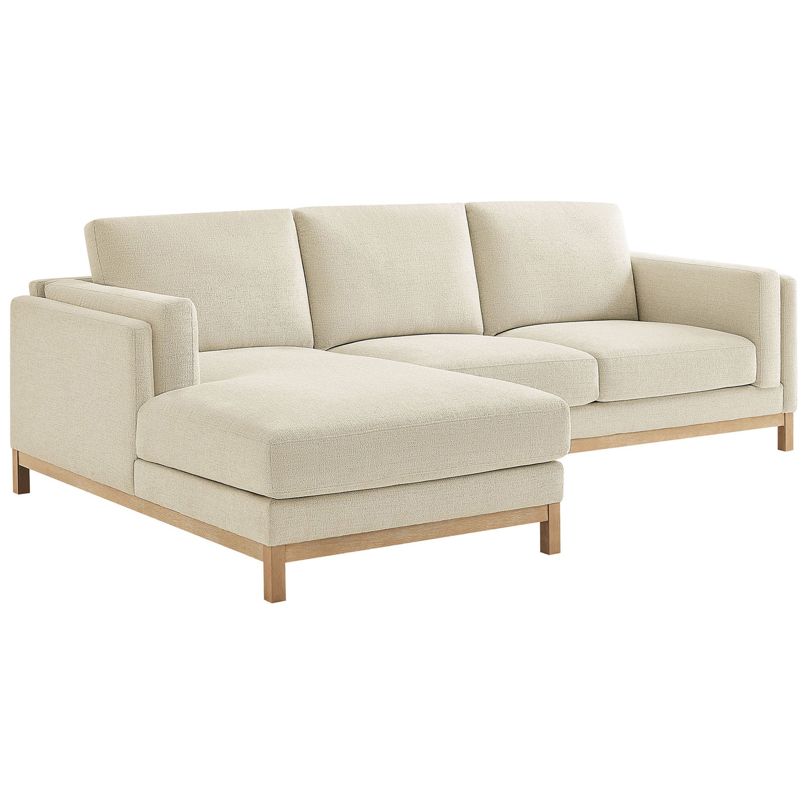 Ivory left-facing sectional sofa with wide chaise and weathered wood base for relaxed modern lounging || EEI-7374-IVO || front_angle_studio