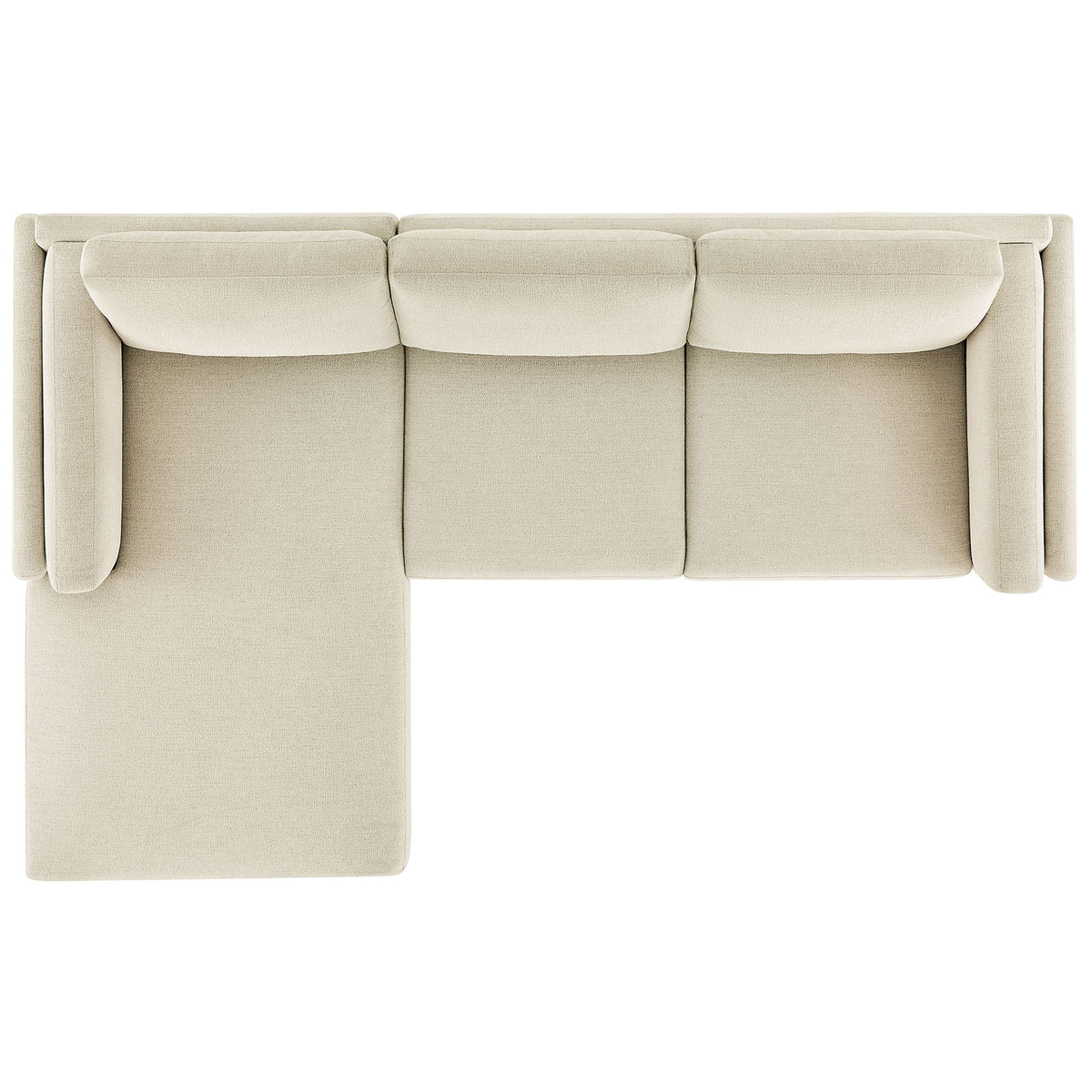 L-shaped ivory sectional with deep chaise cushion and three plush back pillows on a slim wood frame || EEI-7374-IVO || top_studio