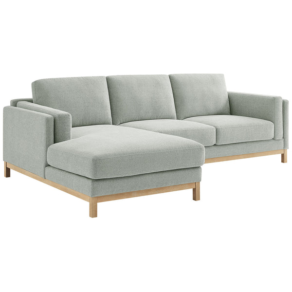 Soft mist chenille left-facing sectional sofa with wide chaise and warm wood base || EEI-7374-MST || front_angle_studio