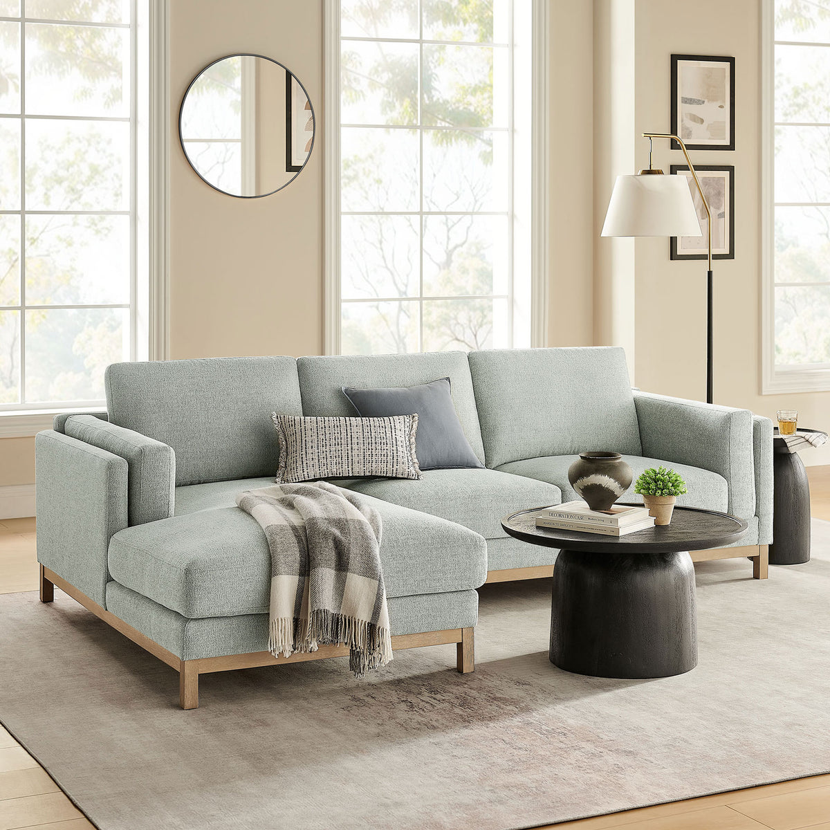 Mist L-shaped sectional sofa with left-facing chaise anchored on a neutral area rug || EEI-7374-MST || front_angle_room