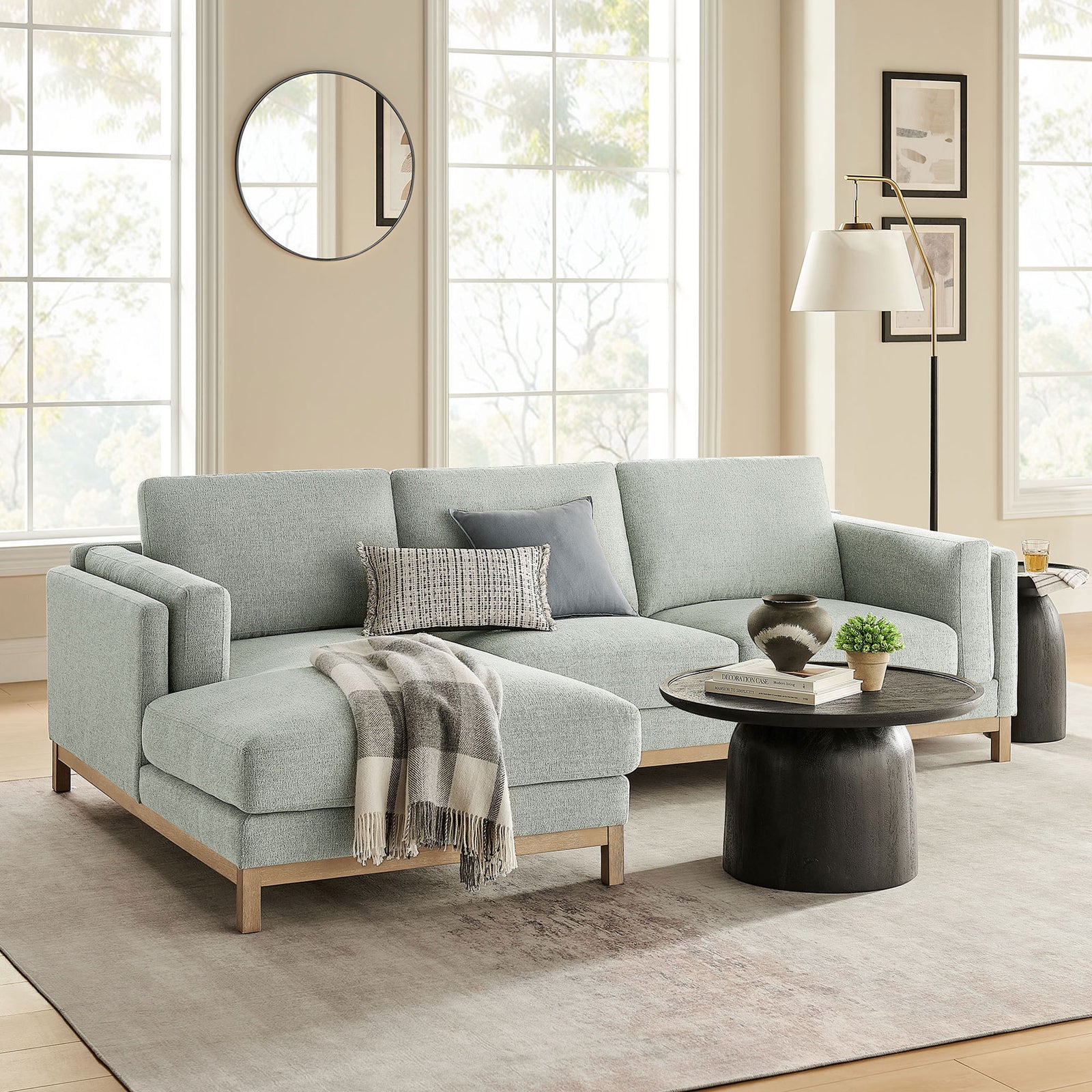 Mist L-shaped sectional sofa with left-facing chaise anchored on a neutral area rug || EEI-7374-MST || front_angle_room