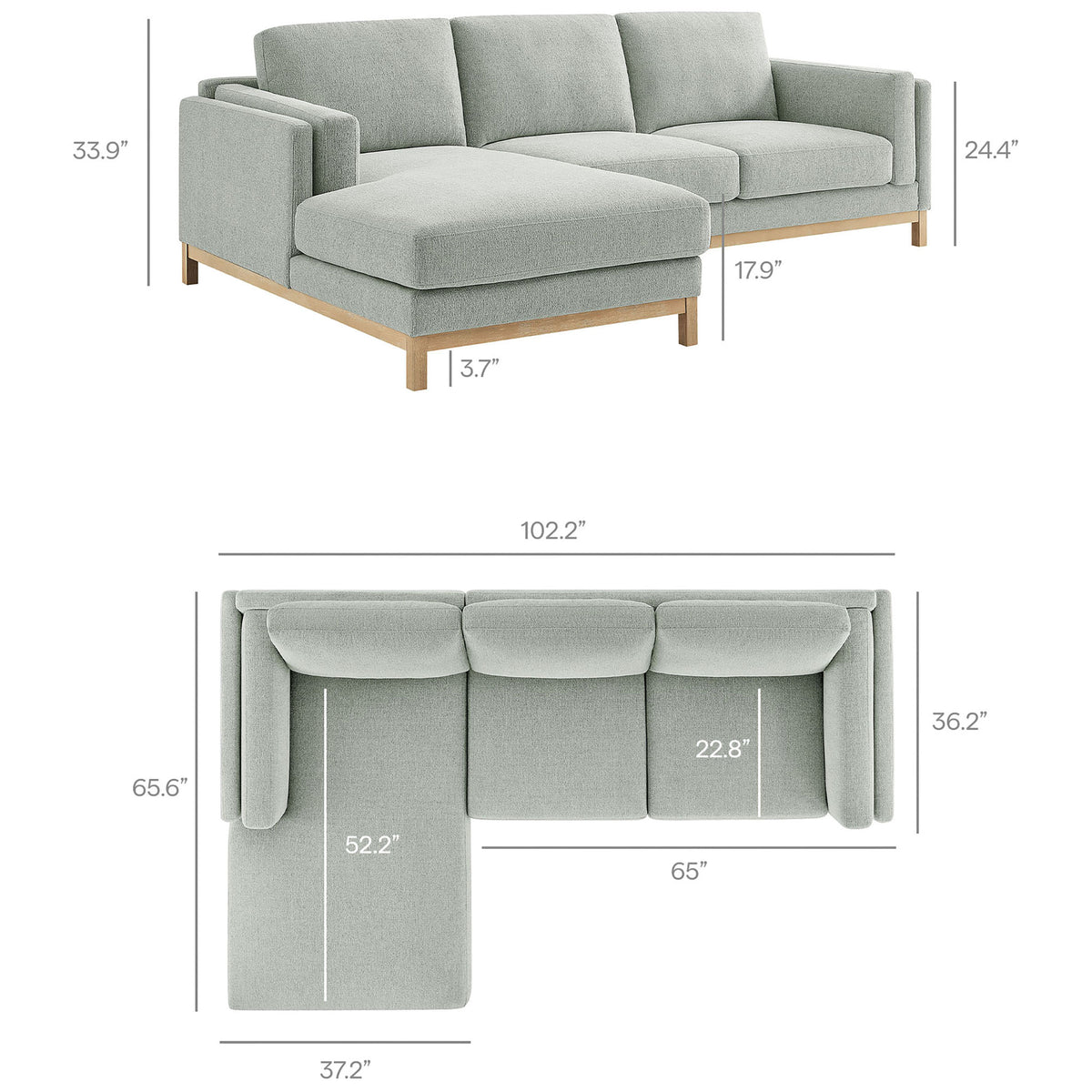 Roscoe left-facing sectional sofa with chaise shown with overall width, depth, and height dimensions || EEI-7374-MST || dimension_studio