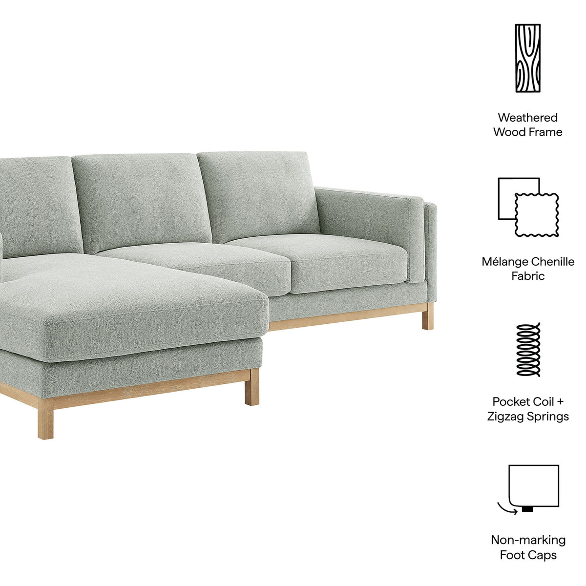 Roscoe sectional sofa highlighting melange chenille fabric, wood frame, coils, and non-marking foot caps || EEI-7374-MST || callout_studio