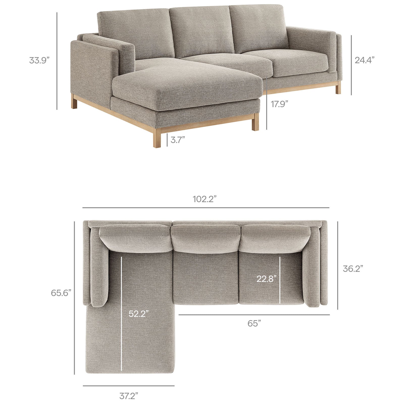 Measured dimensions of the left-facing Roscoe sectional sofa with chaise in elevation and plan-style layouts. || EEI-7374-PEW || dimension_studio