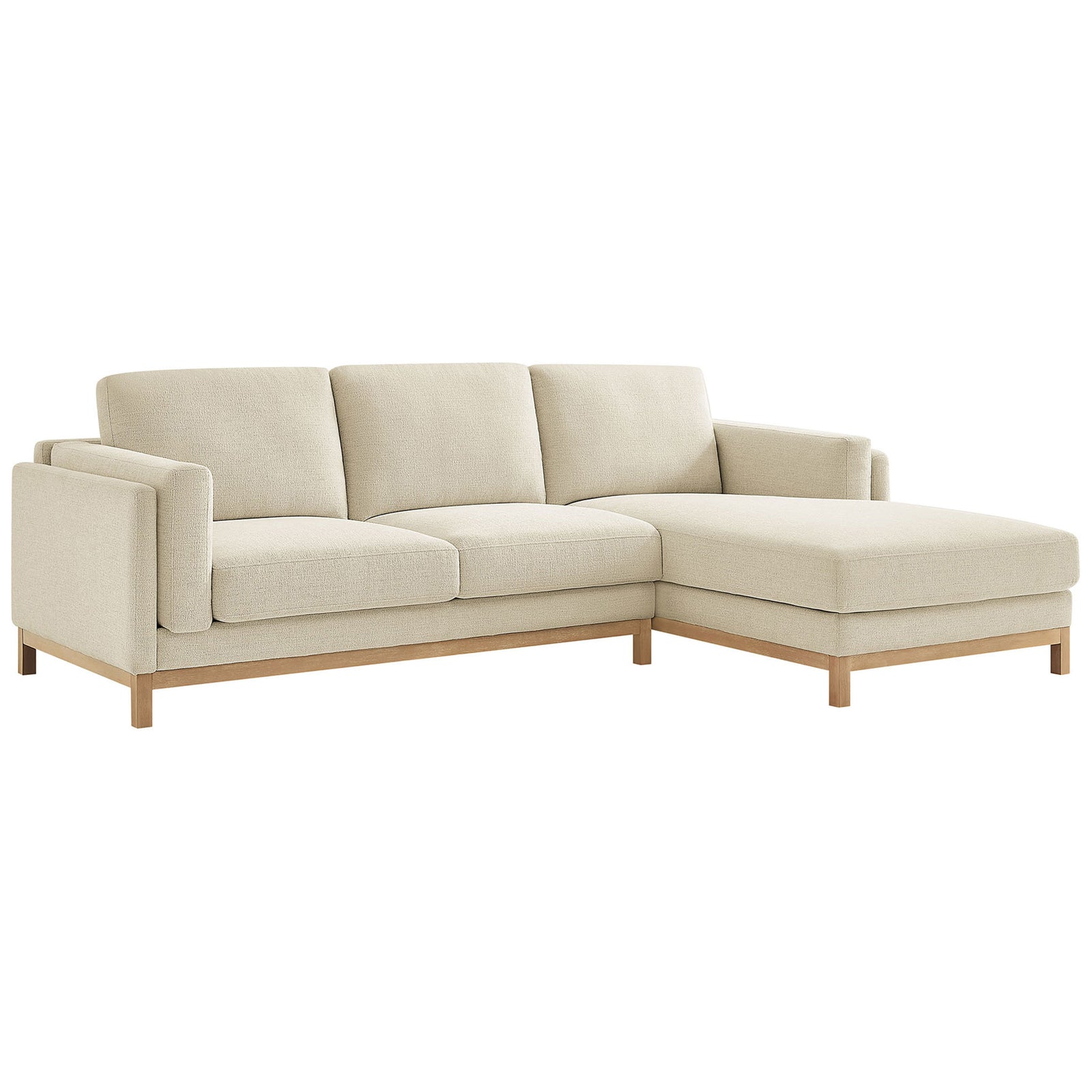 Ivory left-facing sectional sofa with wide chaise and weathered wood base for relaxed modern lounging || EEI-7374-IVO || front_angle_studio