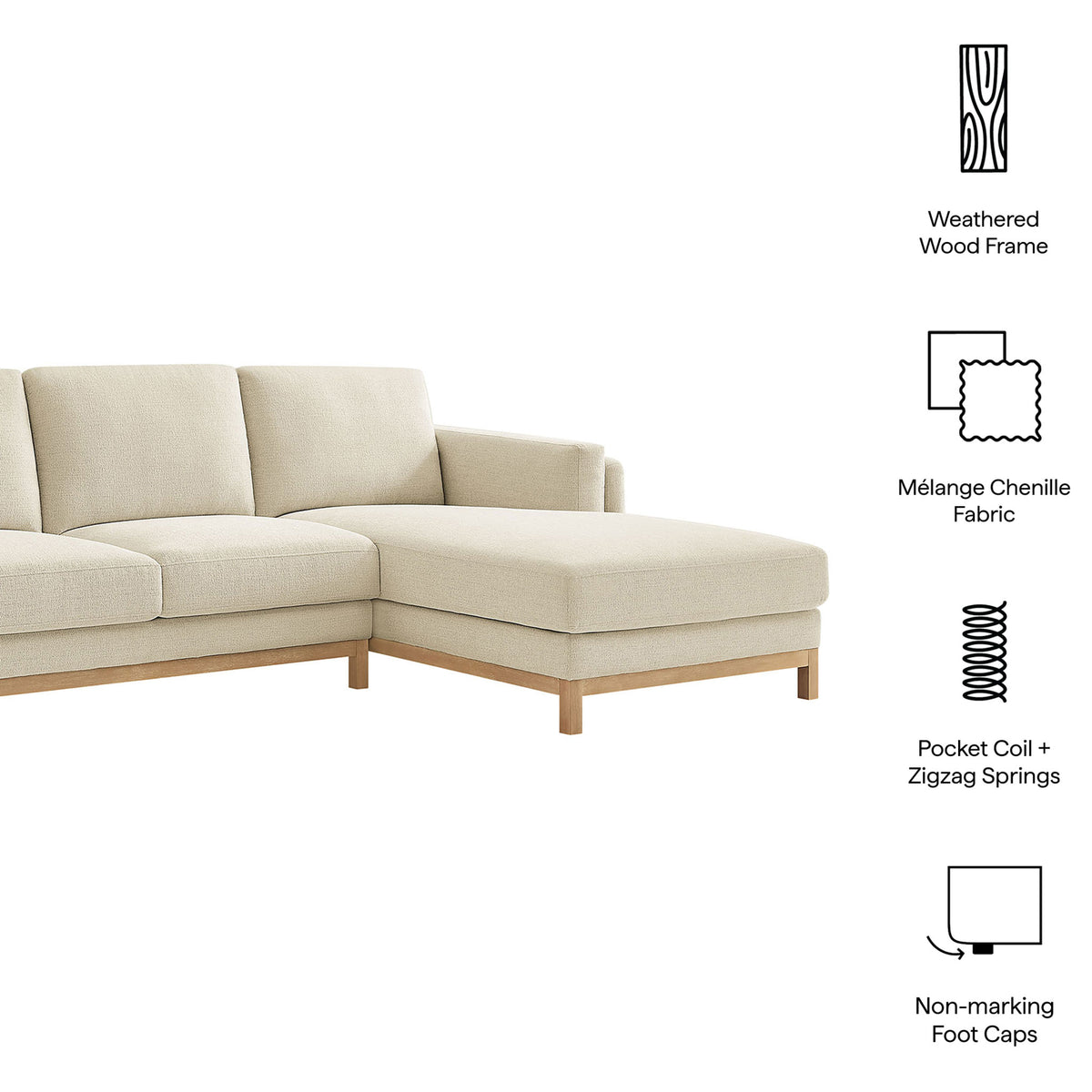 Feature callouts for the ivory right-facing sectional highlighting chenille fabric, wood frame, spring support, and foot caps || EEI-7375-IVO || callout_studio