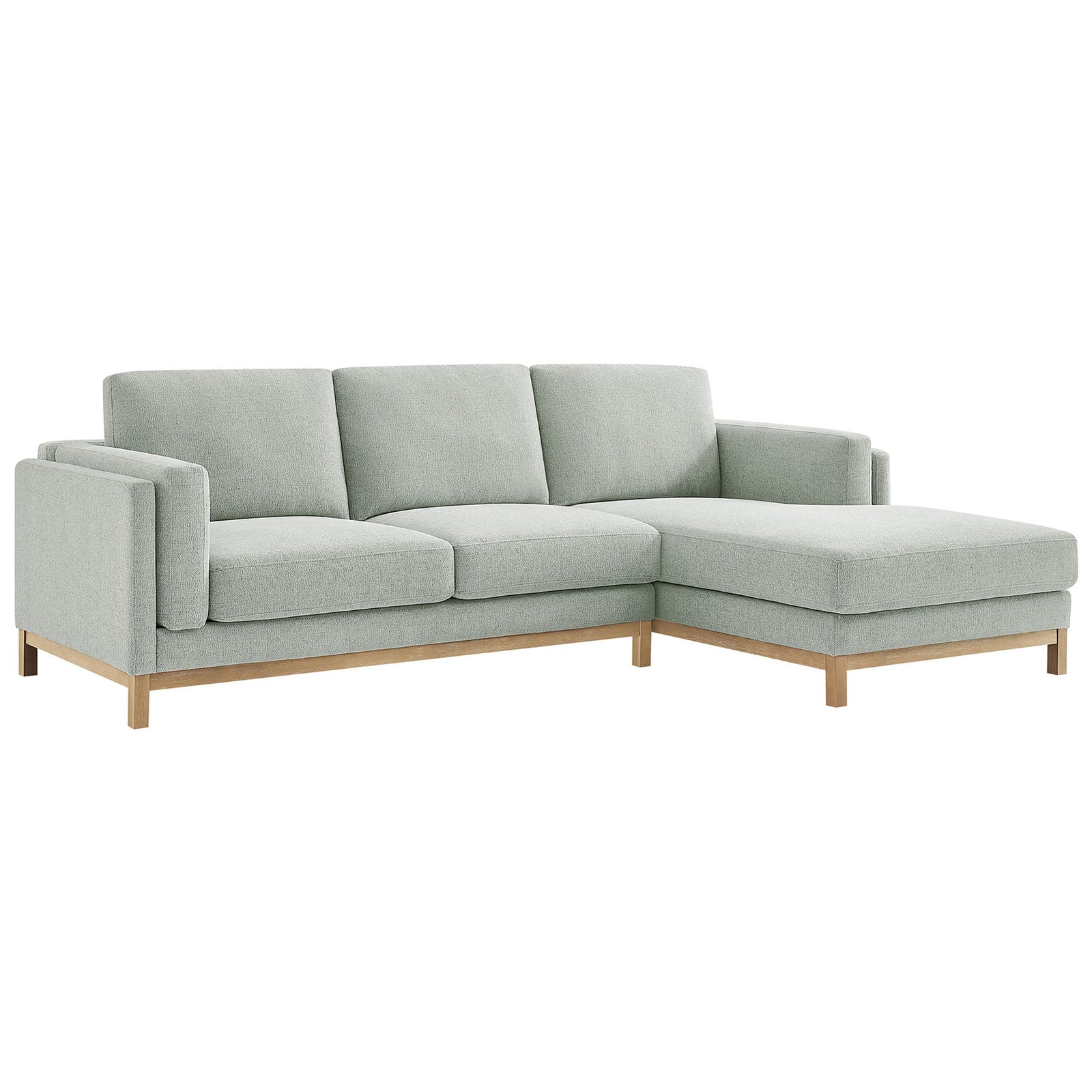 Soft mist chenille left-facing sectional sofa with wide chaise and warm wood base || EEI-7374-MST || front_angle_studio