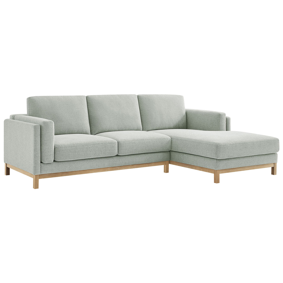 Soft mist chenille right-facing sectional sofa with wide chaise and warm wood base || EEI-7375-MST || front_angle_studio