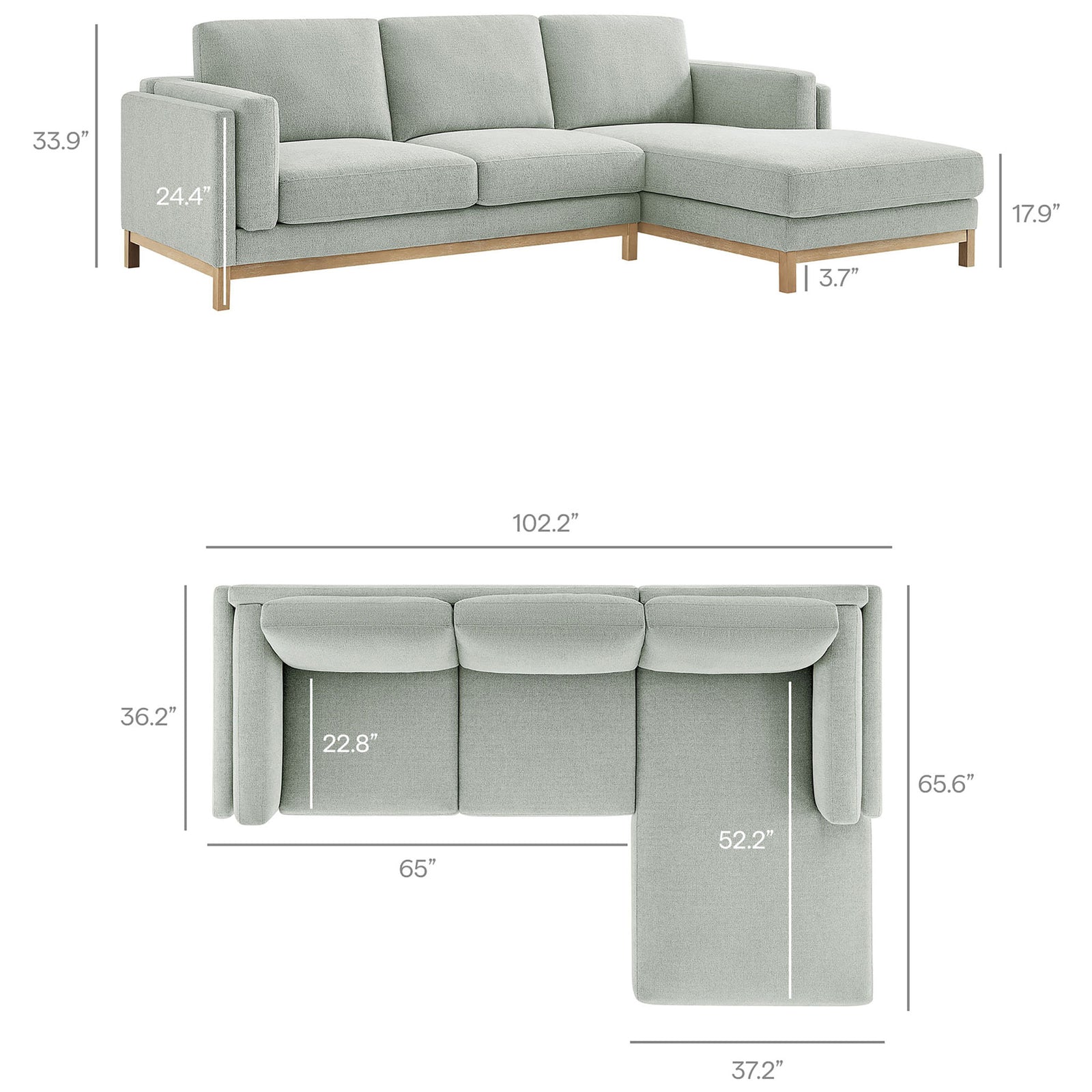 Roscoe right-facing sectional sofa with chaise shown with overall width, depth, and height measurements || EEI-7375-MST || dimension_studio