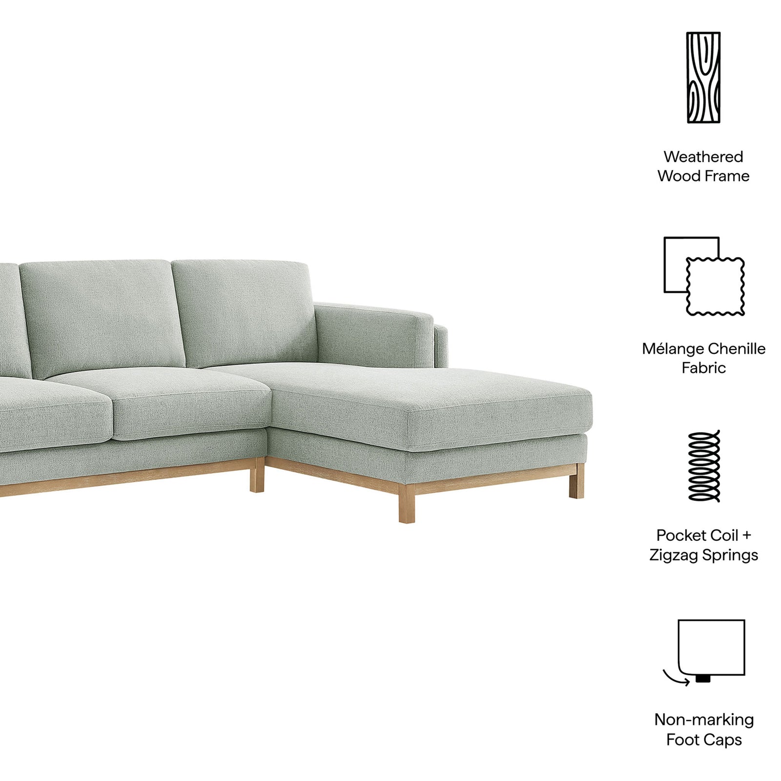 Roscoe sectional highlighting melange chenille fabric, wood frame, springs, and non-marking foot caps || EEI-7375-MST || callout_studio