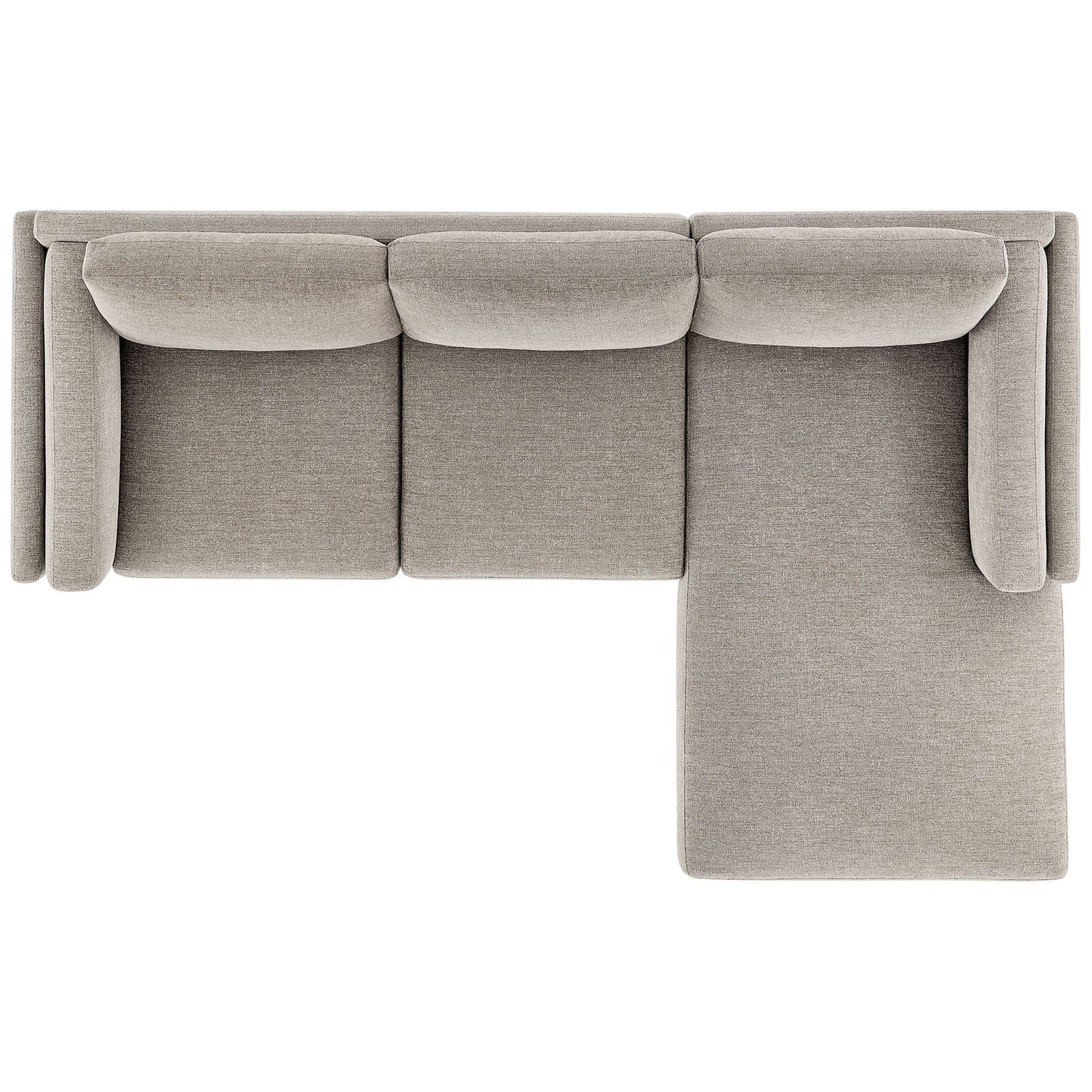 L-shaped right-facing sectional layout highlighting the extended chaise and generous seating for guests. || EEI-7375-PEW || top_studio