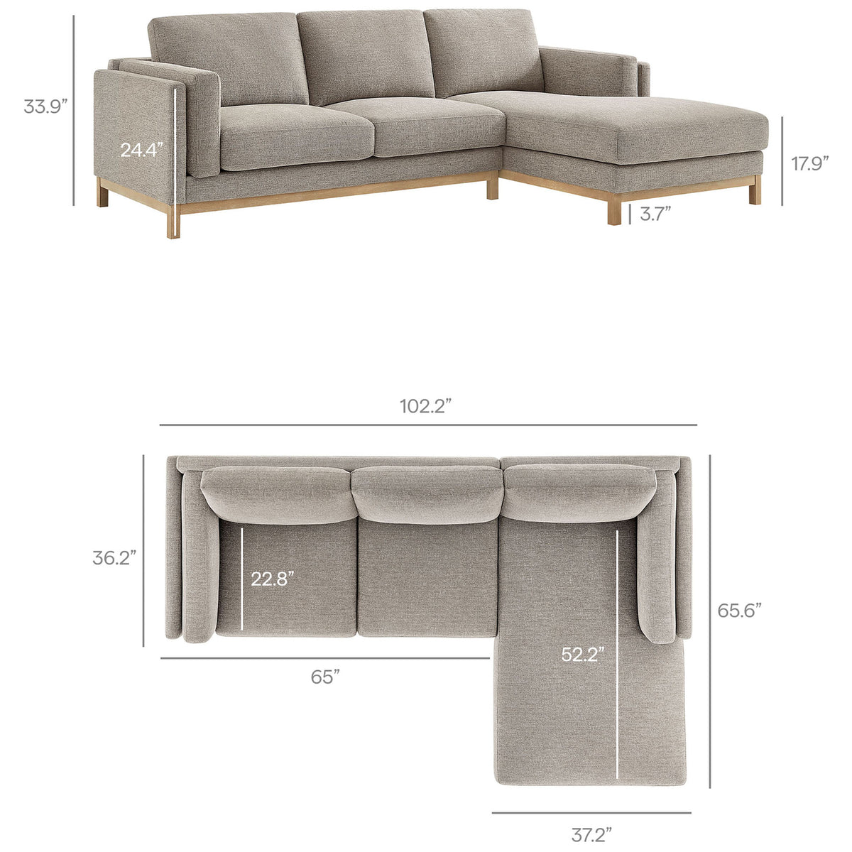 Measured dimensions of the right-facing Roscoe sectional sofa with chaise in elevation and plan-style layouts. || EEI-7375-PEW || dimension_studio