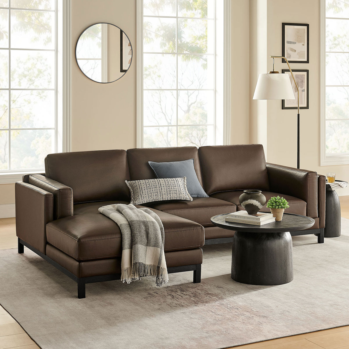 Roscoe left-facing espresso sectional styled in a bright living room with modern coffee table || EEI-7376-ESP || front_angle_room