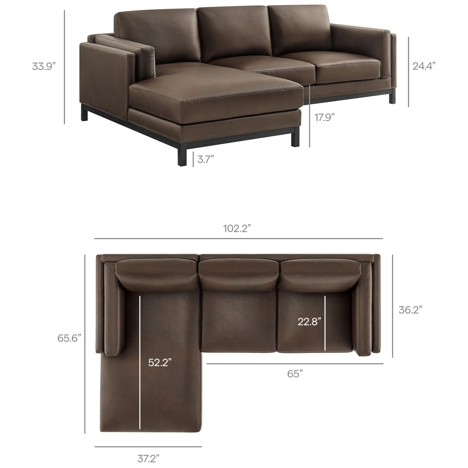 Roscoe left-facing espresso sectional dimensions including overall width, chaise depth, and seat height || EEI-7376-ESP || dimension_studio
