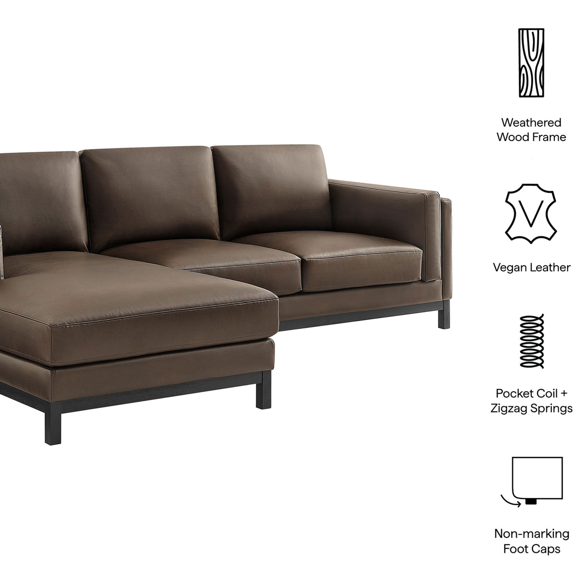 Key features of the Roscoe left-facing espresso sectional, from vegan leather to weathered wood base || EEI-7376-ESP || callout_studio