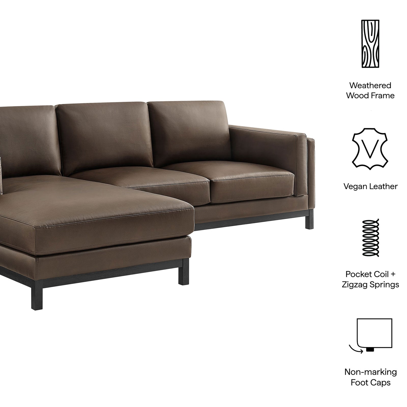 Key features of the Roscoe left-facing espresso sectional, from vegan leather to weathered wood base || EEI-7376-ESP || callout_studio